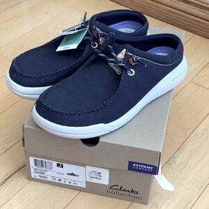 Clarks Driftlite Surf navy blue canvas slip on shoes, men’s size 10